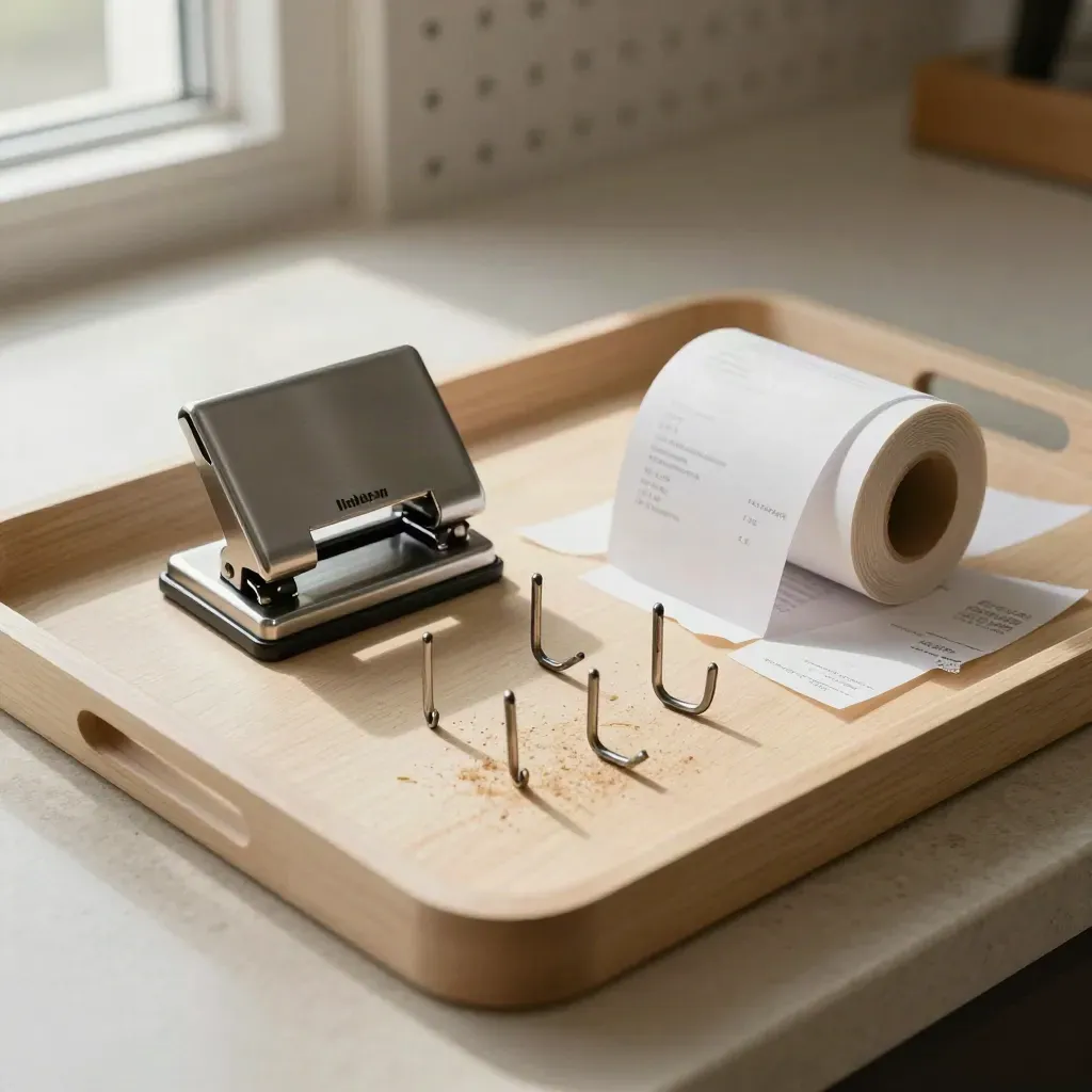Top-down retail flat lay of tag punch, peg hooks, and receipt core on pale wood.