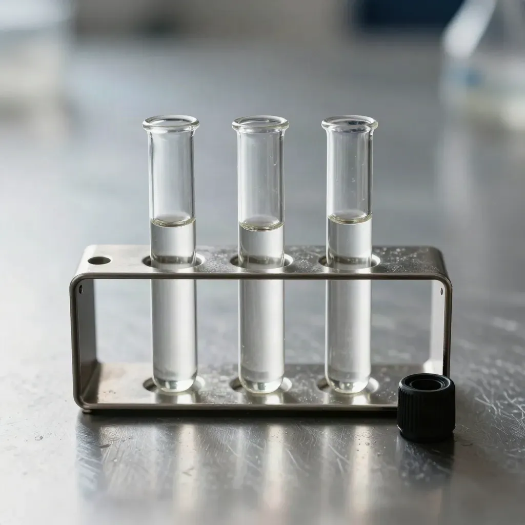 Top-down macro of glass sample vials in a steel rack with a magnetic clip and rubber stopper