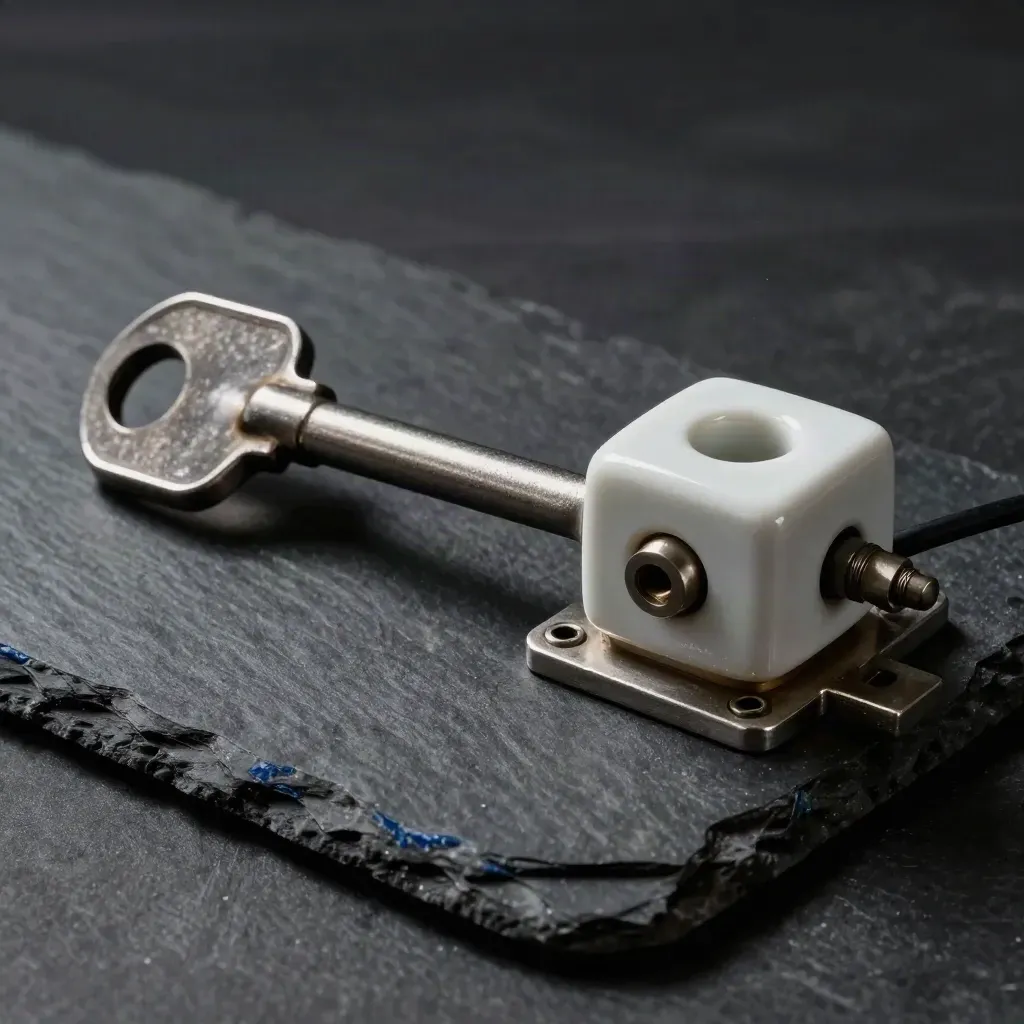 Rail relay key and lever arm with ceramic insulator block on slate, lit dramatically