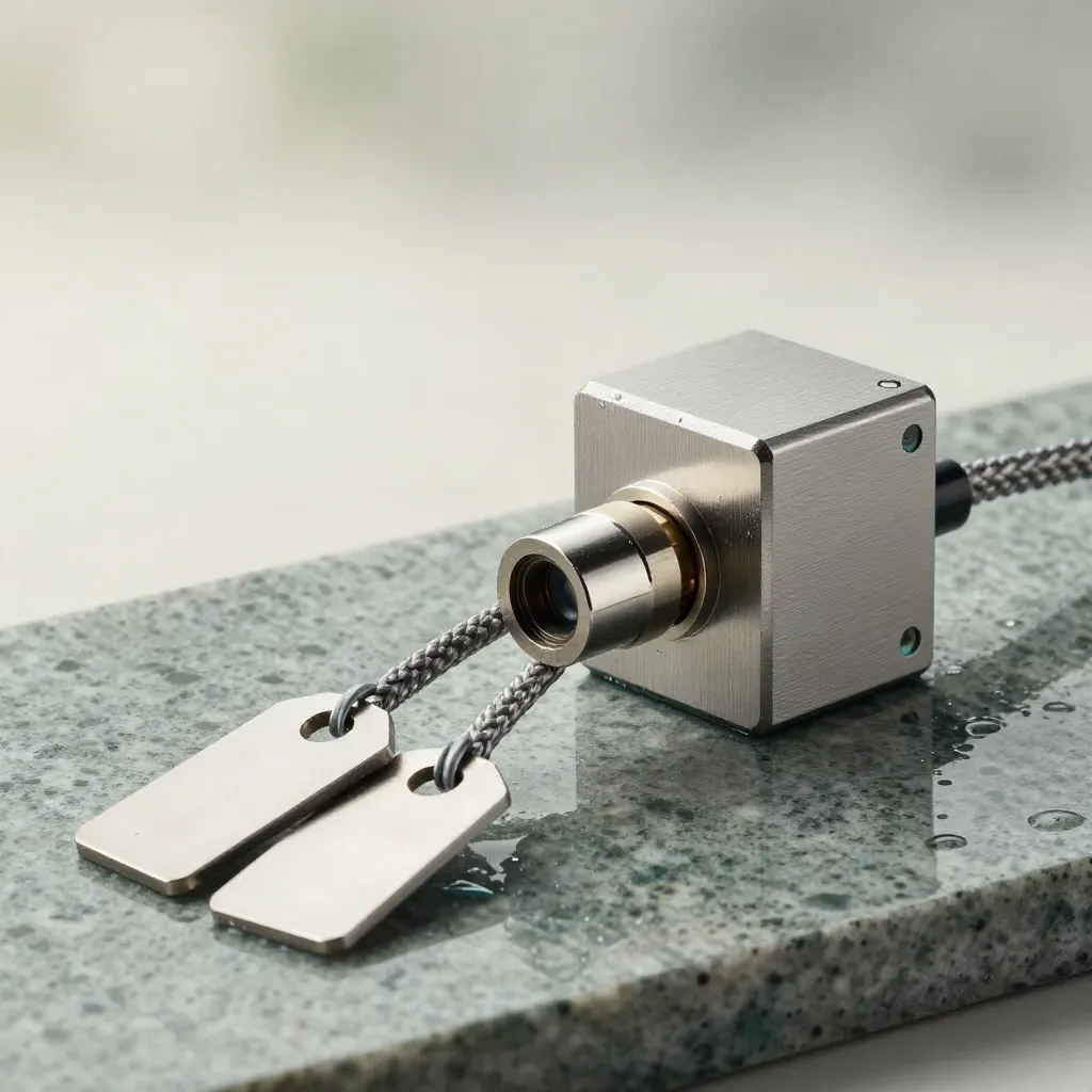 Brushed metal API key block, connector plate, braided cable and tags on a misty studio surface.