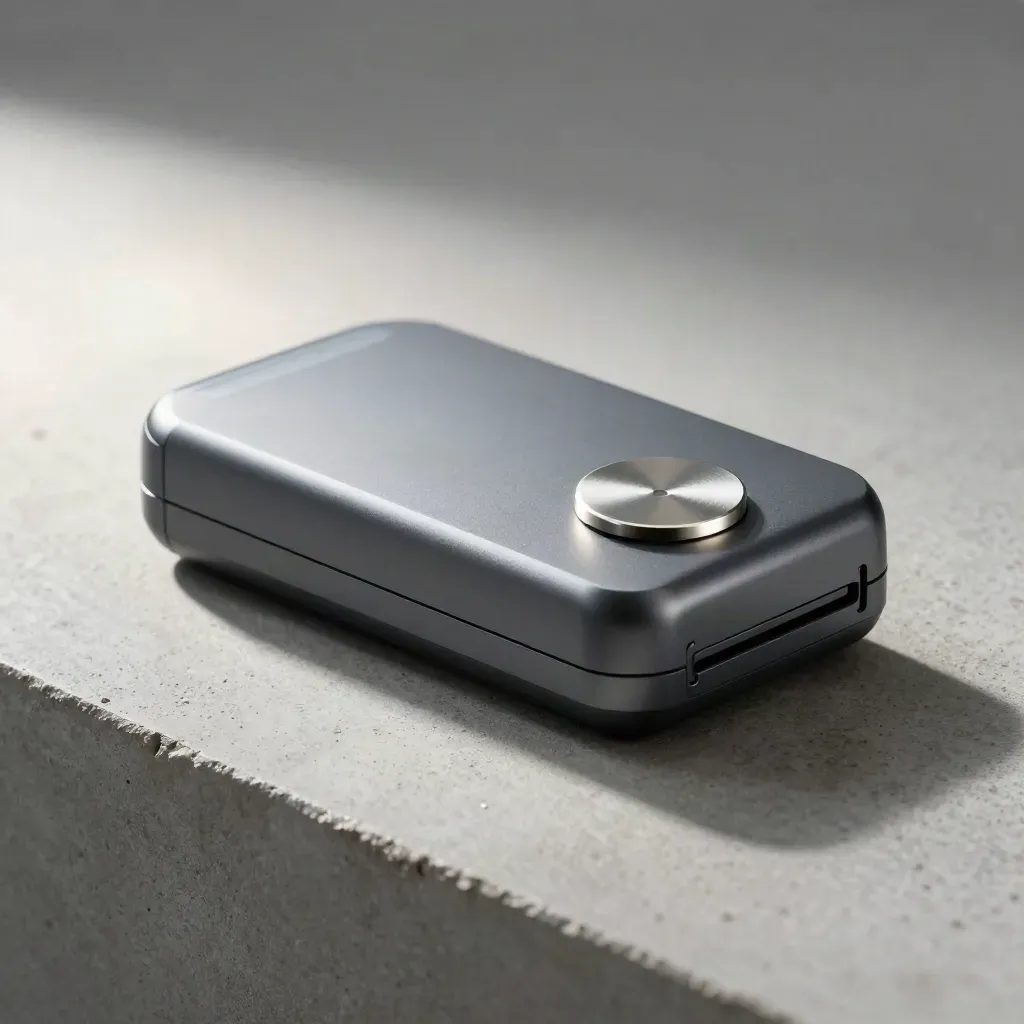 Contactless payment terminal shell, hardware token, and security seal on pale concrete.