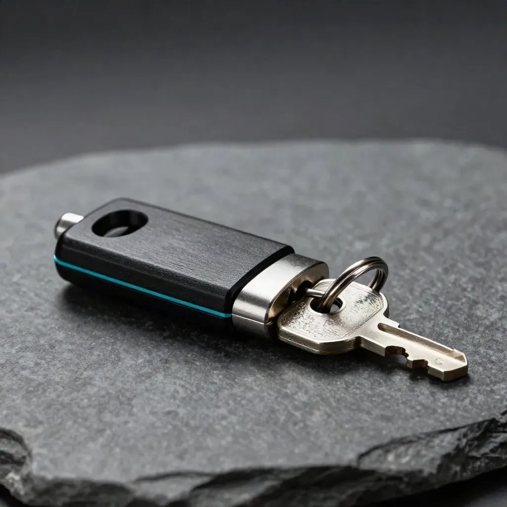 Vault key, security token, split key ring, and lock cylinder on stone in dramatic light.
