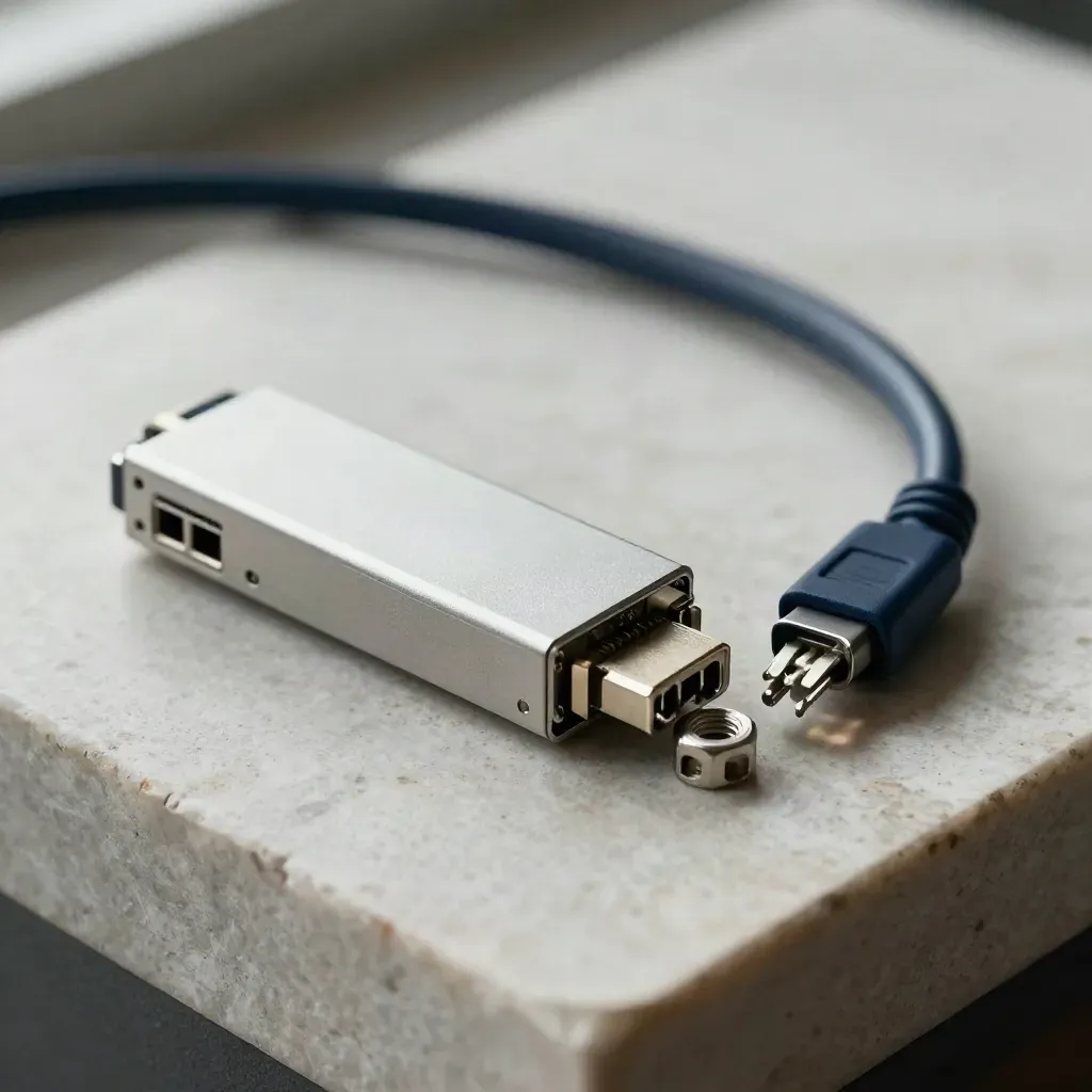 Macro still life of fiber network hardware on brushed stone with navy cable accents.