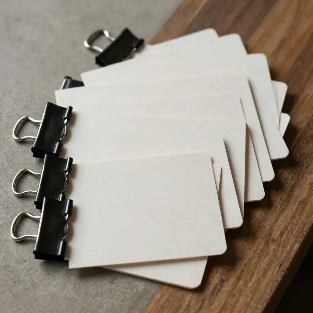 Top-down macro of blank endpoint cards clipped in a neat grid with black metal clamps and alignment blocks.