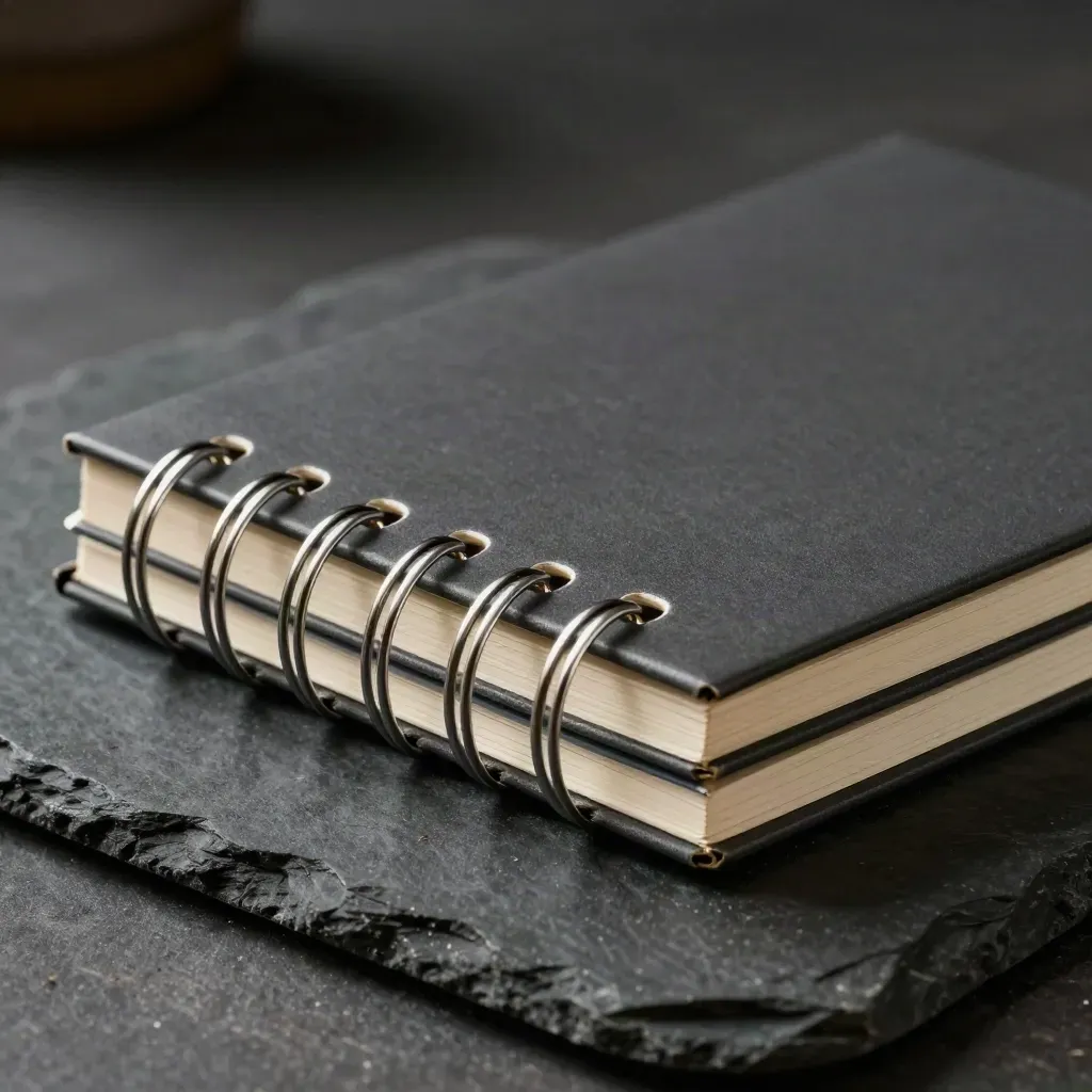Closed ring notebook with acetate dividers and steel clips on dark stone in dramatic studio light.