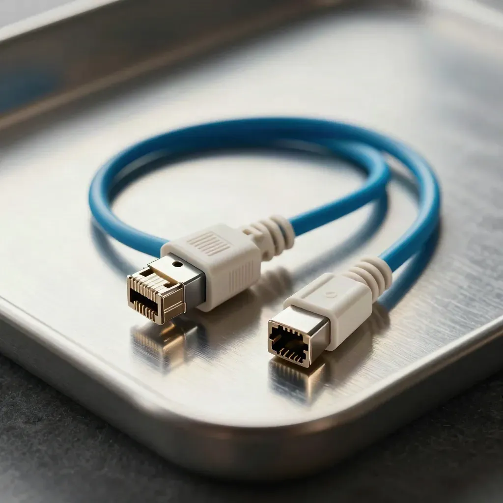 Ethernet loopback plug and patch lead on brushed steel tray, top-down macro with cyan accent.