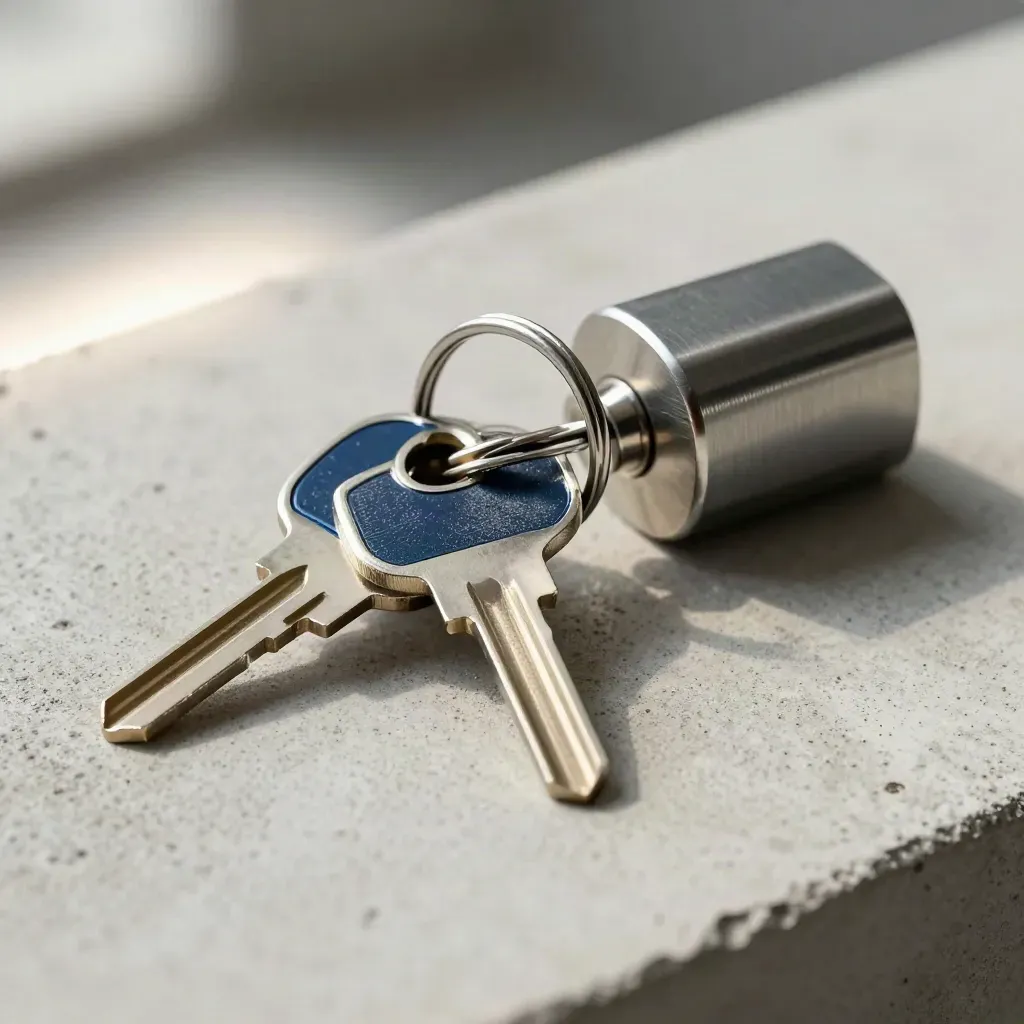 Macro of security keys and lock cylinder on concrete, one key sliding into place.