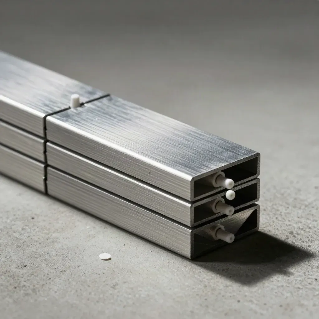 Modular aluminum blocks with white pegs on pale concrete, lit by hard skimming light.