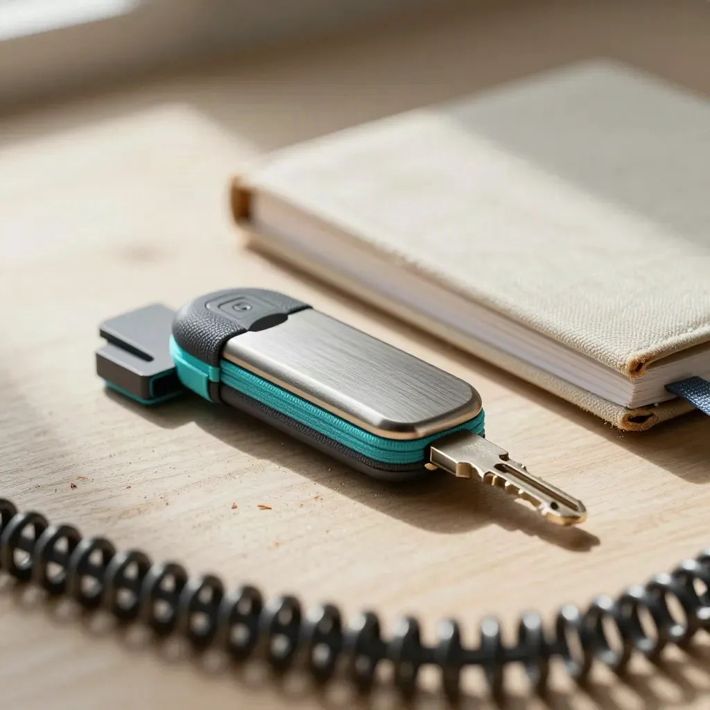Compact deployment kit on pale wood with blurred cable coil foreground and cyan accent