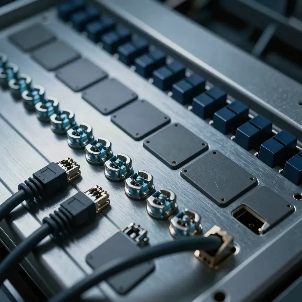 Top-down macro of rack screws, patch blanks, and cable combs on brushed steel