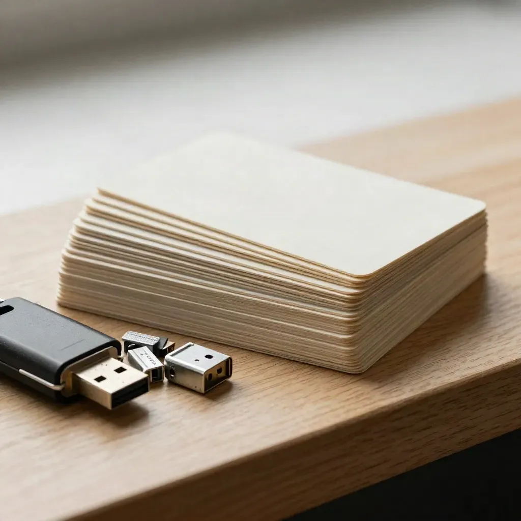 Macro of onboarding guide cards with USB shells and aluminum adapters on pale oak.