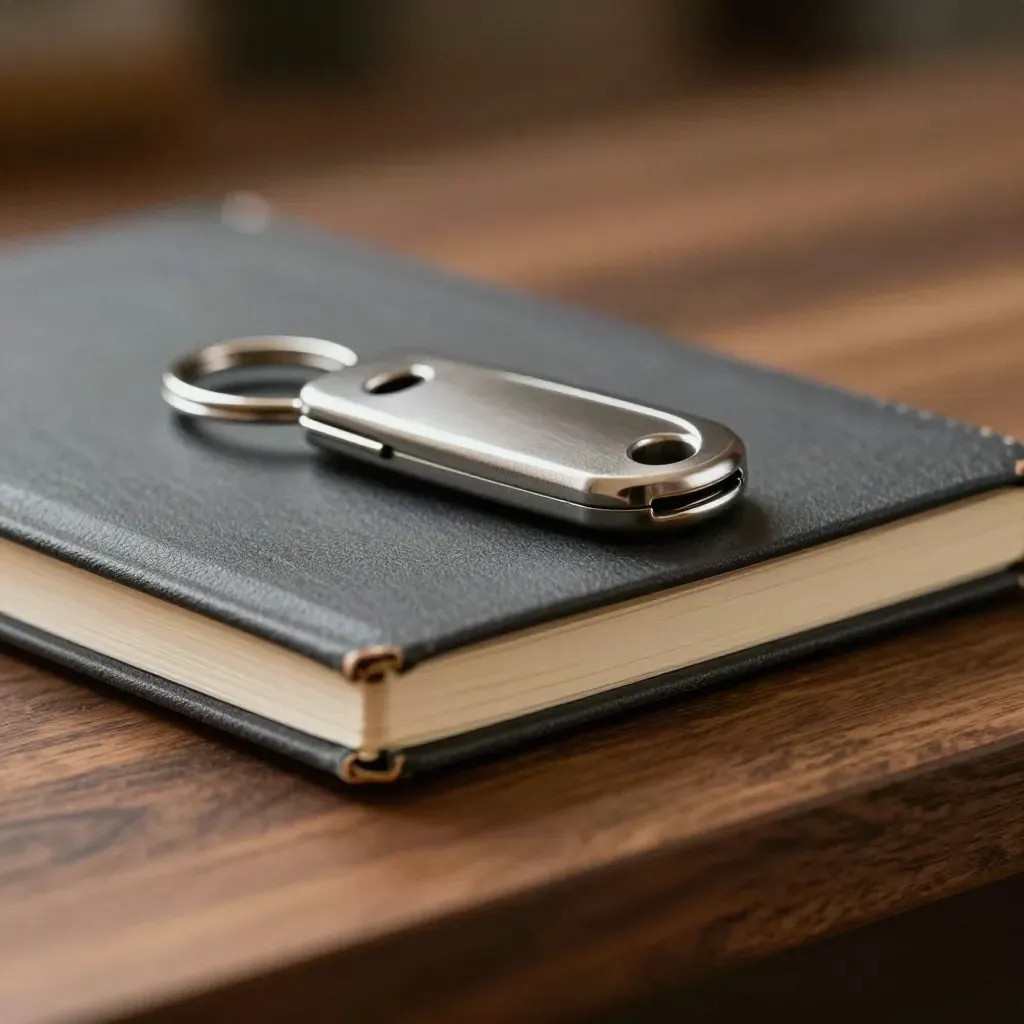 Closed notebook, stainless key fob, and cable clips on walnut in dramatic studio light.