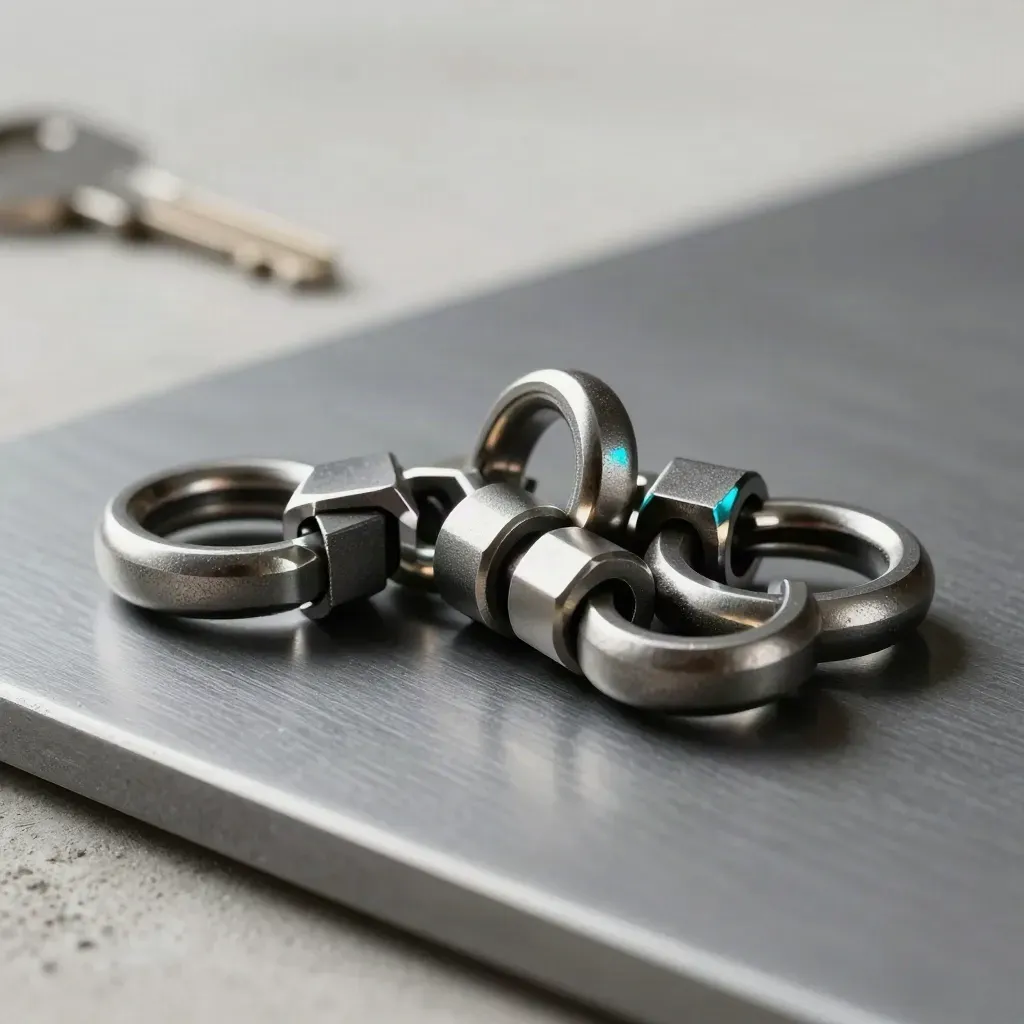 Matte steel connectors and linked rings on graphite, lit dramatically with cool haze.
