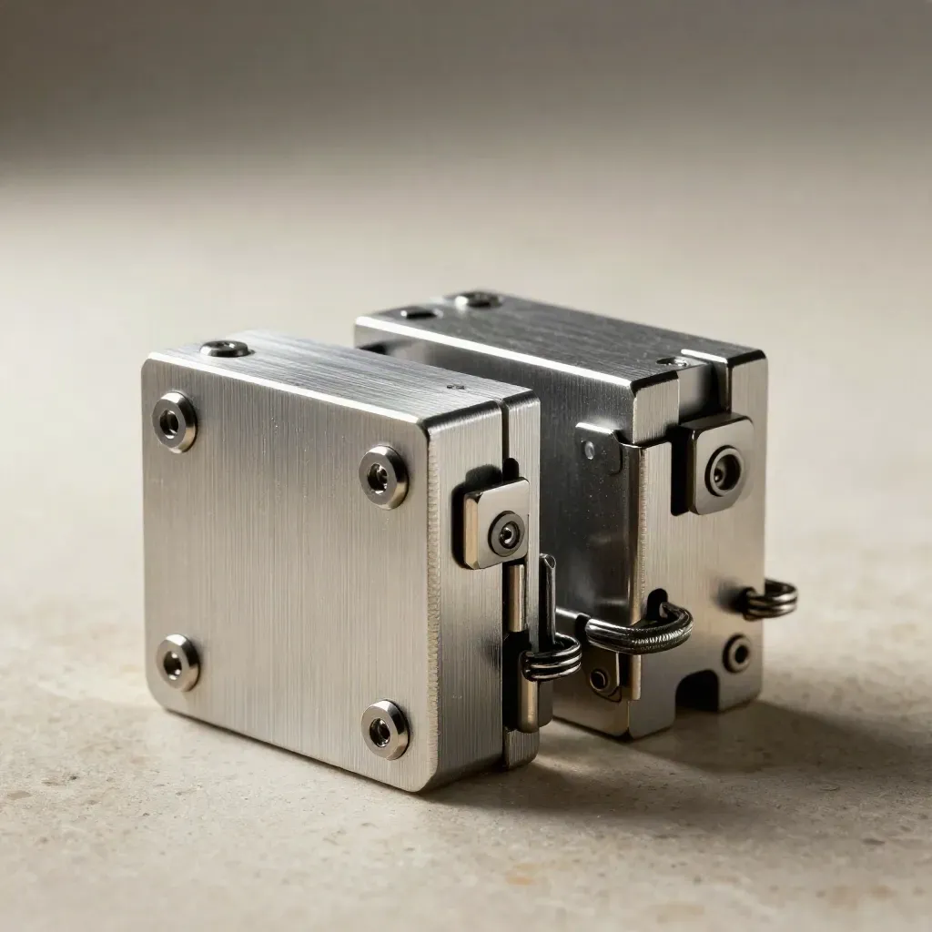 Macro of hinged aluminum blocks with hex fasteners and a spring clip on limestone