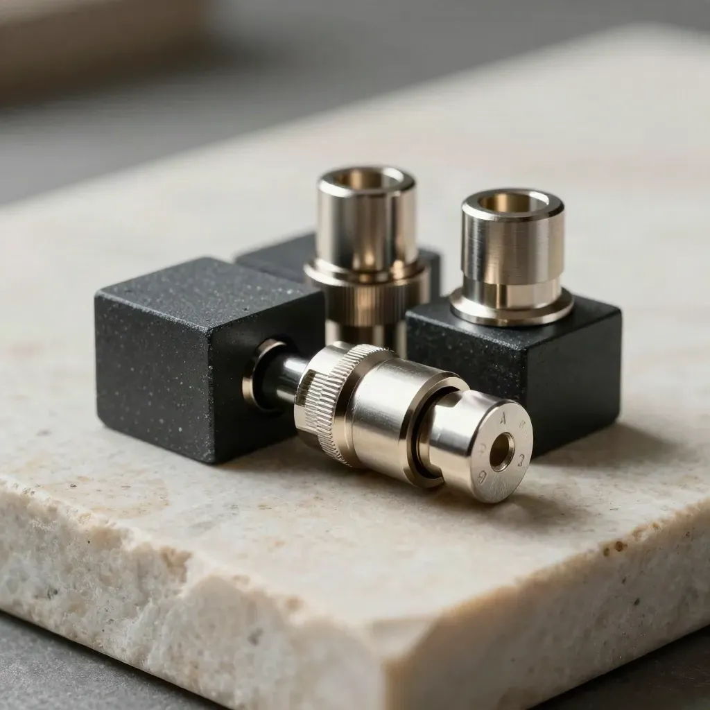Graphite modular blocks and a metal connector on pale stone, lit with a soft rear rim.