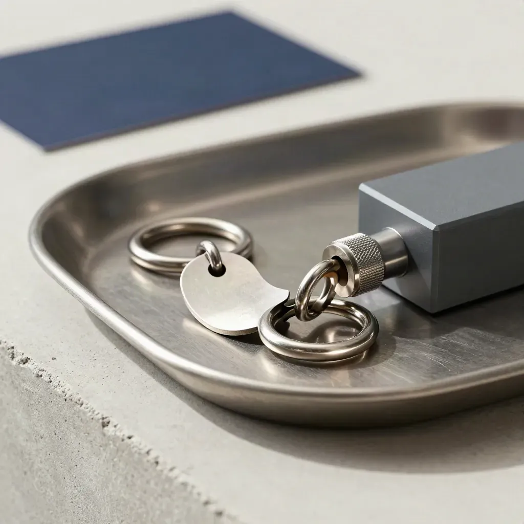 Curved metal rings and a token on a brushed tray with soft daylight and navy accent