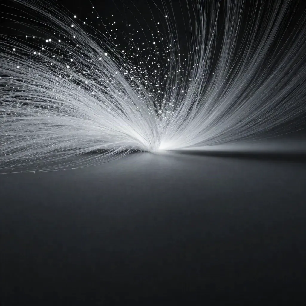 Silver filaments bloom in graphite space with drifting motes and calm copy space.